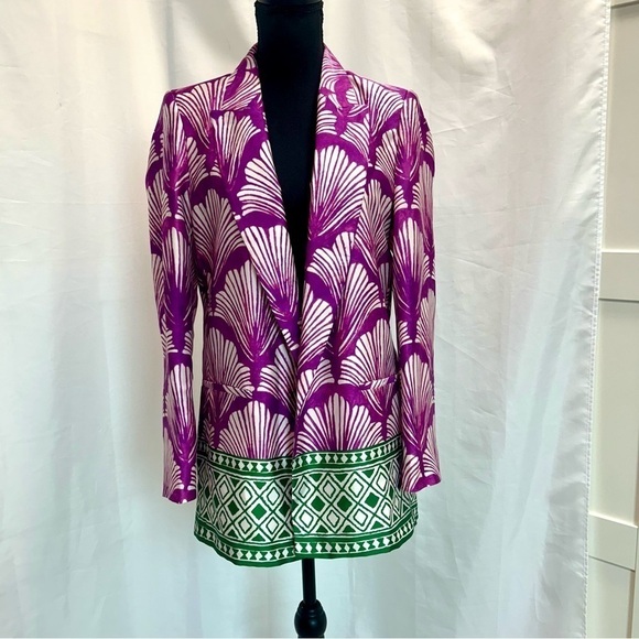 Zara fuchsia purple green printed satin open front long sleeve lapel blazer S - Picture 4 of 13